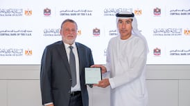 UAE Central Bank governor Khaled Balama, right, with Central Bank of Egypt governor Hassan Abdalla during the signing of the agreement. Photo: CBUAE