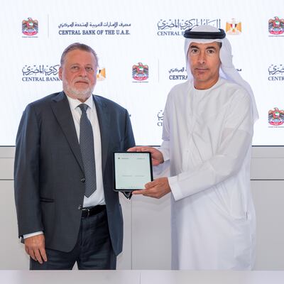 Image 19: UAE Central Bank governor Khaled Balama, right, with Central Bank of Egypt governor Hassan Abdalla during the signing of the agreement. Photo: CBUAE