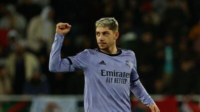 Real Madrid's Uruguayan midfielder Federico Valverde celebrates scoring his team's second goal. AFP