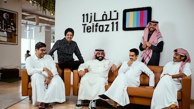 The Telefaz11 team in their offices in Saudi Arabia, from left to right: Ibraheem Al Khairallah, Ali Al Kalthami, Mohammed Al Garawi, Faisal Al Amir, Alaa Yousef Fadan and Mohammed Al Dokhie. Courtesy Telfaz11