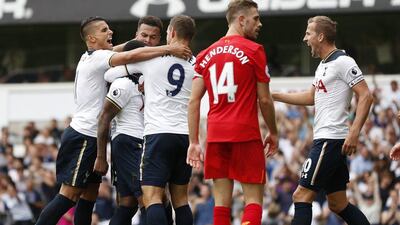 Tottenham’s Danny Rose celebrates scoring their first goal with teammates. John Sibley / Action Images / Reuters