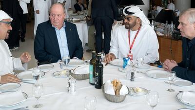 Sheikh Mohammed bin Zayed, Crown Prince of Abu Dhabi and Deputy Supreme Commander of the UAE Armed Forces, second right, meets with Prince Salman Bin Hamad Bin Isa Al Khalifah, Crown Prince and First Deputy Supreme Commander of Bahrain, left, Juan Carlos I, former King of Spain, second left, and Prince Andrew, Duke of York, right, at Cipriani restaurant, on the second day of the Formula 1 Etihad Airways Abu Dhabi Grand Prix. Mohamed Al Hammadi / Crown Prince Court - Abu Dhabi