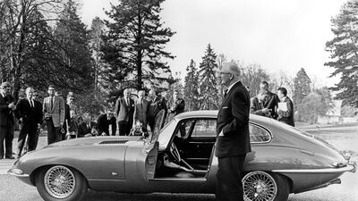 Jaguar founder Sir William Lyons presents a 9600HP at the Parc des Eaux Vives, Geneva, in 1961. Courtesy JDHT