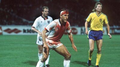 It's certainly the defining image of Terry Butcher's career. The England defender was left covered in blood from a cut head in a match against Sweden in 1989, and, being at a time before blood meant removal from the pitch, he played on. Colorsport/REX/Shutterstock