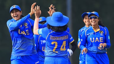 Esha Oza, left, celebrates a wicket for UAE against Philippines at the ACC Women's Premier Cup. Courtesy ACC