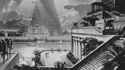 A reconstruction of the city of Babylon in 625 BC, with the Tower of Babel in the distance, and one of the Ancient Seven Wonders, the Hanging Gardens built by King Nubuchadnezzar to please one of his wives. Original Artwork: Illustration by artist Mario Larrinaga circa 1950. Getty Images