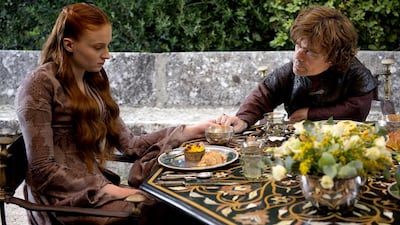 Sophie Turner as Sansa Stark and Peter Dinklage as Tyrion Lannister