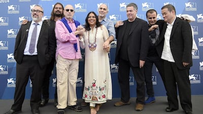 Directors whose short films are part of Words with Gods include, from left, Spain’s Álex de la Iglesia, Australia’s Warwick Thornton, Brazil’s Héctor Babenco, India’s Mira Nair, Mexico’s Guillermo Arriaga, Israel’s Amos Gitai, Iran’s Bahman Ghobadi and Japan’s Hideo Nakata. Claudio Onorati / EPA