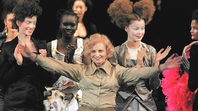 Westwood at the end of her Mary Queen of Scots-inspired autumn/winter 1997 show in Paris. AFP