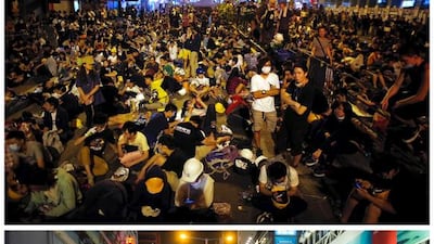 Top, pro-democracy protesters sit on a street as they block an area of the Mongkok shopping district of Hong Kong on October 20, 2014, and bottom, the same location on September 16, 2015. Reuters