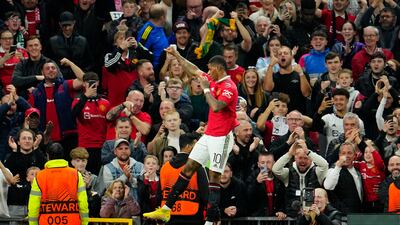 Marcus Rashford celebrates after scoring the second goal. AP
