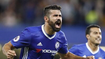 Chelsea’s Diego Costa celebrates after scoring during the Premier League match between Chelsea and West Ham at Stamford Bridge stadium in London, Monday, August 15, 2016. Frank Augstein / AP Photo