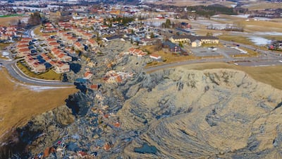 The landslide area near the village of Ask, Gjerdrum Municipality, Norway, more than two months after a landslide hit in the early hours of December 30, sweeping away nine buildings. Nine people were found dead and one is still missing. AFP