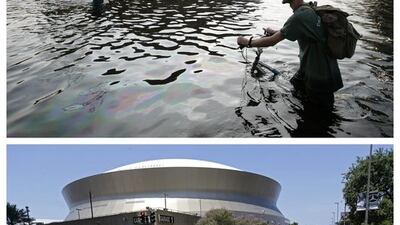 A man pushing his bicycle through flood waters near the Superdome in New Orleans after Hurricane Katrina left much of the city under water, and a cyclist outside the renamed Mercedes-Benz Superdome a decade later.