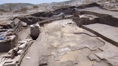The remains of a Ptolemaic era bathhouse unearthed atop a hill at the Tel El Farain archaeological site in Egypt's Nile Delta.