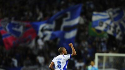 FC Porto's Algerian international Yacine Brahimi celebrates after scoring his second goal in their 6-0 win over BATE Borisov in the Uefa Champions League on Wednesday in Porto. Miguel Riopa / AFP