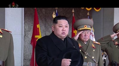North Korean leader Kim Jong Un attends a military parade in Pyongyang, North Korea on Thursday, Feb. 8, 2018. KRT / AP