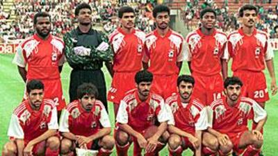 Top: (left to right) Khalil Ghanim, Mossain Mossaba, Ali Thani, Khalid Ismail, Nasser Khamis, Yousef Hussain. Bottom: Hussein Ghoroum, Abdulrahman Mohammed, Adnan Talyani, Eisa Meer, Ibrahim Meer.