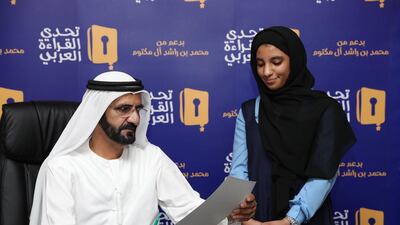 Sheikh Mohammed bin Rashid, Vice President and Ruler of Dubai, honours the winners of the Arab Reading Challenge. Wam