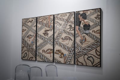 This tetraptych by Omar Mismar depicts mosaics found near Gaza. Antonie Robertson / The National