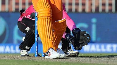Jacob Oram of Virgo Super Kings in action against Leo Lions during the Masters Champions League match at the Sharjah Cricket Stadium in Sharjah . ( Satish Kumar / The National )