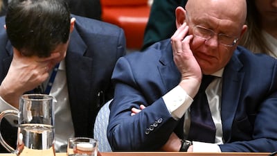 Russian Ambassador to the UN Vasily Nebenzya, right, during a UN Security Council meeting at UN headquarters in New York in 2024. AFP