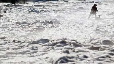 A woman and her dogs walk on hail in the eastern area of Guadalajara, Mexico. AFP