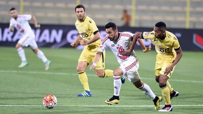 Hamad Ibrahim of Sharjah in action during the Arabian Gulf League football match between Al Wasl and Sharjah at Zabeel Stadium. 16 April 2016. Photo: Arshad Khan / Arabian Gulf League
