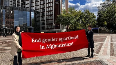 Roqia Saee, left, protesting outside the UN office in Bonn. Photo: Roqia Saee
