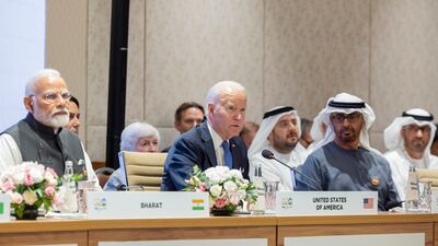 President Sheikh Mohamed with US President Joe Biden and Indian Prime Minister Narendra Modi at the G20 summit, where a new economic corridor was unveiled. Ryan Carter / UAE Presidential Court