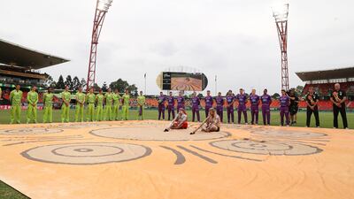 Players and umpires during an indigenous ceremony before the Big Bash League match between Sydney Thunder and Hobart Hurricanes at Sydney Showground Stadium. Getty Images