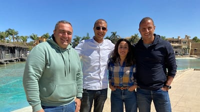 Technopolitan co-founders (from left) Mohamed Dessouki, Mohamed Ashraf, Fatma Ashraf, and Ahmed Shakib at the Palm Hills Club in the 6th of October Cairo suburb. Nada El Sawy / The National