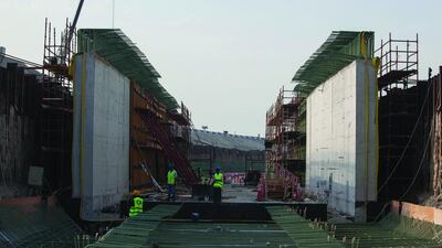 Construction on the 1.2km-long service tunnel that will connect all the museums in the Saadiyat Cultural District. Works are preparing for cement casting near the exit tunnel to the Louvre Abu Dhabi. Antonie Robertson / The National