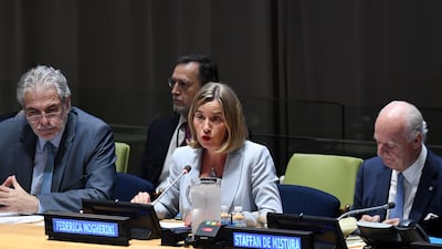 European Union foreign affairs chief Federica Mogherini with the European Commissioner for Humanitarian Aid and Crisis Management Christos Stylianides (L) and United Nations Special Envoy for Syria Staffan de Mistura (R) at an EU meeting on September 21, 2017to discuss the way forward for Syria at the 72nd United Nations General Assembly. But where were the Syrians? Darren Ornitz / Reuters