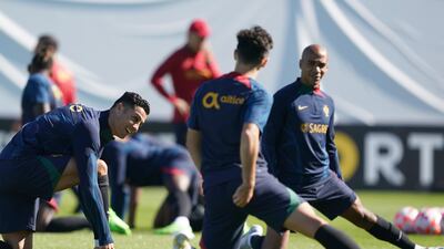 Portuguese players Cristiano Ronaldo (L) and Joao Mario (R) during the team's training session in Braga, Portugal, 26 September 2022. Portugal will face Spain in their UEFA Nations League soccer match on 27 September 2022. EPA / HUGO DELGADO