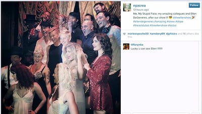 The Instagram page of Nya Crea showing Ellen DeGeneres and Portia de Rossi, center, after a show at The Act Dubai.