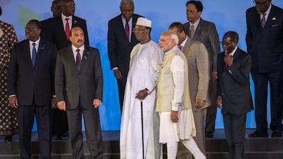 From left, Senegal's president Macky Sall, Mauritania's president Mohamed Ould Abdel Aziz, Chad's president Idriss Déby Itno, Indian prime minister Narendra Modi and Zimbabwe's president Robert Mugabe at the India-Africa Forum Summit in New Delhi on October 29, 2015. Roberto Schmidt/AFP Photo