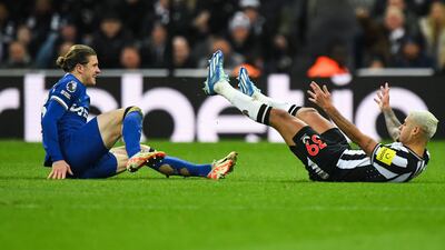 Newcastle United's Brazilian midfielder Bruno Guimaraes reacts after clashing with Chelsea's Conor Gallagher. AFP
