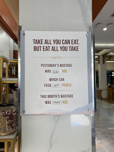 The sign at the buffet at Rixos Bab Al Bahr. Kat Balleh / The National