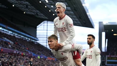 Manchester United's Rasmus Hojlund celebrates after scoring their first goal with teammate Alejandro Garnacho. PA