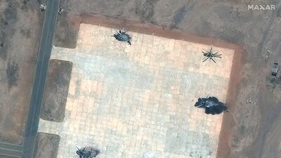 Satellite image shows a close-up view of destroyed helicopters in South Khartoum. Reuters