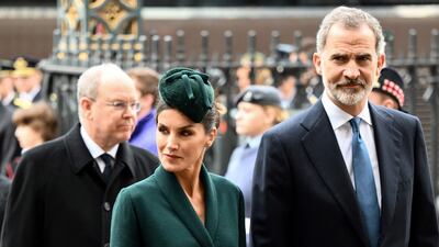 Spain's Felipe VI and Queen Letizia arrive to attend a Service of Thanksgiving for Britain's Prince Philip, Duke of Edinburgh, at Westminster Abbey in central London. AFP