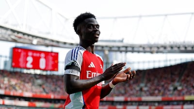 Arsenal's Bukayo Saka celebrates his goal against Wolves. Reuters