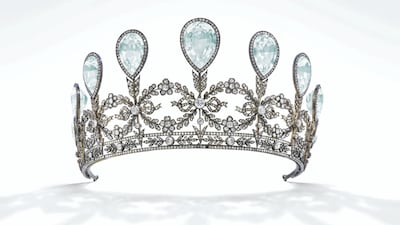 Aquamarine Faberge tiara with cupid's arrows and forget-me-not flowers gifted by Frederick Francis IV, Grand Duke of Mecklenburg-Schwerin, to his bride Princess Alexandra of Hanover and Cumberland. Photo: Christie's