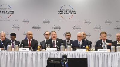 Israel's Prime Minister Benjamin Netanyahu, Yemen's Foreign Minister Khalid Al Yamani, US Secretary of State Mike Pompeo, Polish Foreign Minister Jacek Czaputowicz, moderator and White House US Senior Advisor Jared Kushner take part in a session at the conference on Peace and Security in the Middle east in Warsaw, on February 14, 2019. AFP