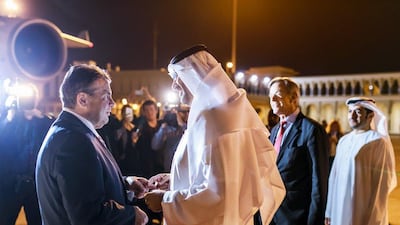 German foreign minister Sigmar Gabriel arrives in Abu Dhabi and is met by UAE minister of state Dr Sultan Al-Jaber PHOTO COURTESY OF THE GERMAN FOREIGN MINISTRY