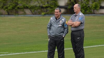 Brazil coach Luiz Felipe Scolari, right, and assistant coach Carlos Alberto Parreira during a training session in Rio de Janeiro. Nelson Almeida / AFP