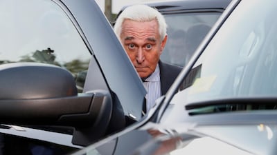 Roger Stone, former campaign adviser to US President Donald Trump, departs the US District Court following the second day of his criminal trial in Washington, DC. Reuters