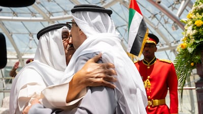Sheikh Mansour bin Zayed, Vice President, Deputy Prime Minister and Chairman of the Presidential Court, greets Sheikh Meshal