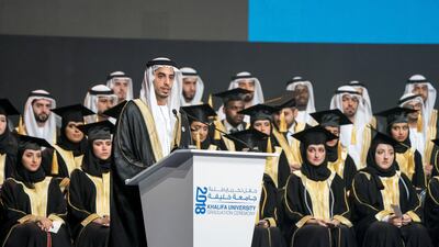 Sheikh Mohammed bin Khalifa bin Khaled Al Nahyan, delivers a speech during the 2018 Khalifa University Graduation ceremony at the Abu Dhabi National Exhibition Centre (Adnec). Courtesy Crown Prince Court - Abu Dhabi